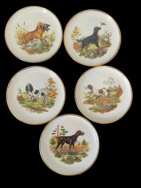 Set of 5 Vintage Kaiser W.Germany Dog Motif Porcelain Trink Dishes/ Coasters